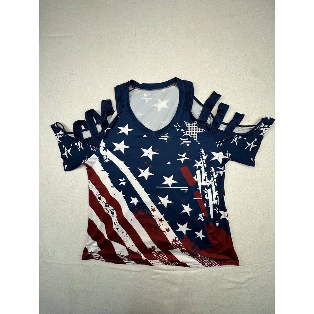 Unbranded American Flag Top Womens‎ 1XL Red White Blue Cold Shoulder